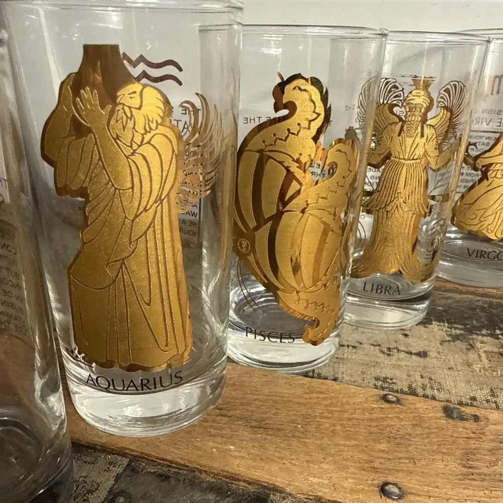 Vintage Glass Zodiac Tumblers 22k Gold Astrology